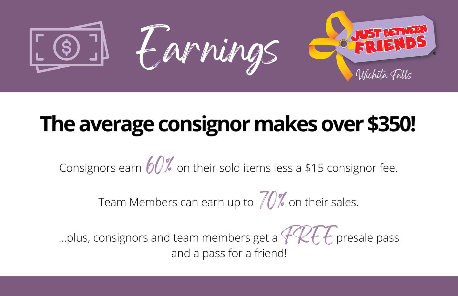 JBF Earnings: Consignors earn 60% on sold items minus a $10 fee. Help for 4 hours and earn up to 70% on sales.