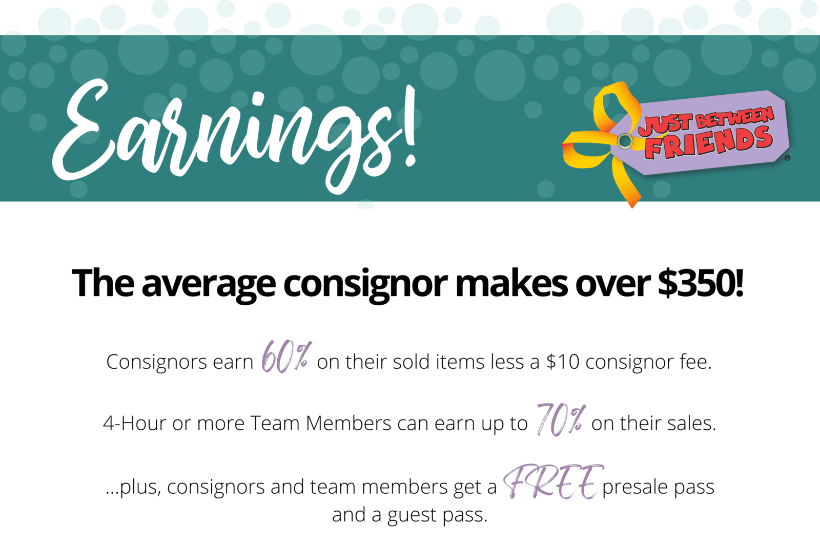 JBF Earnings: Consignors earn 60% on sold items minus a $10 fee. Help for 4 hours and earn up to 70% on sales.